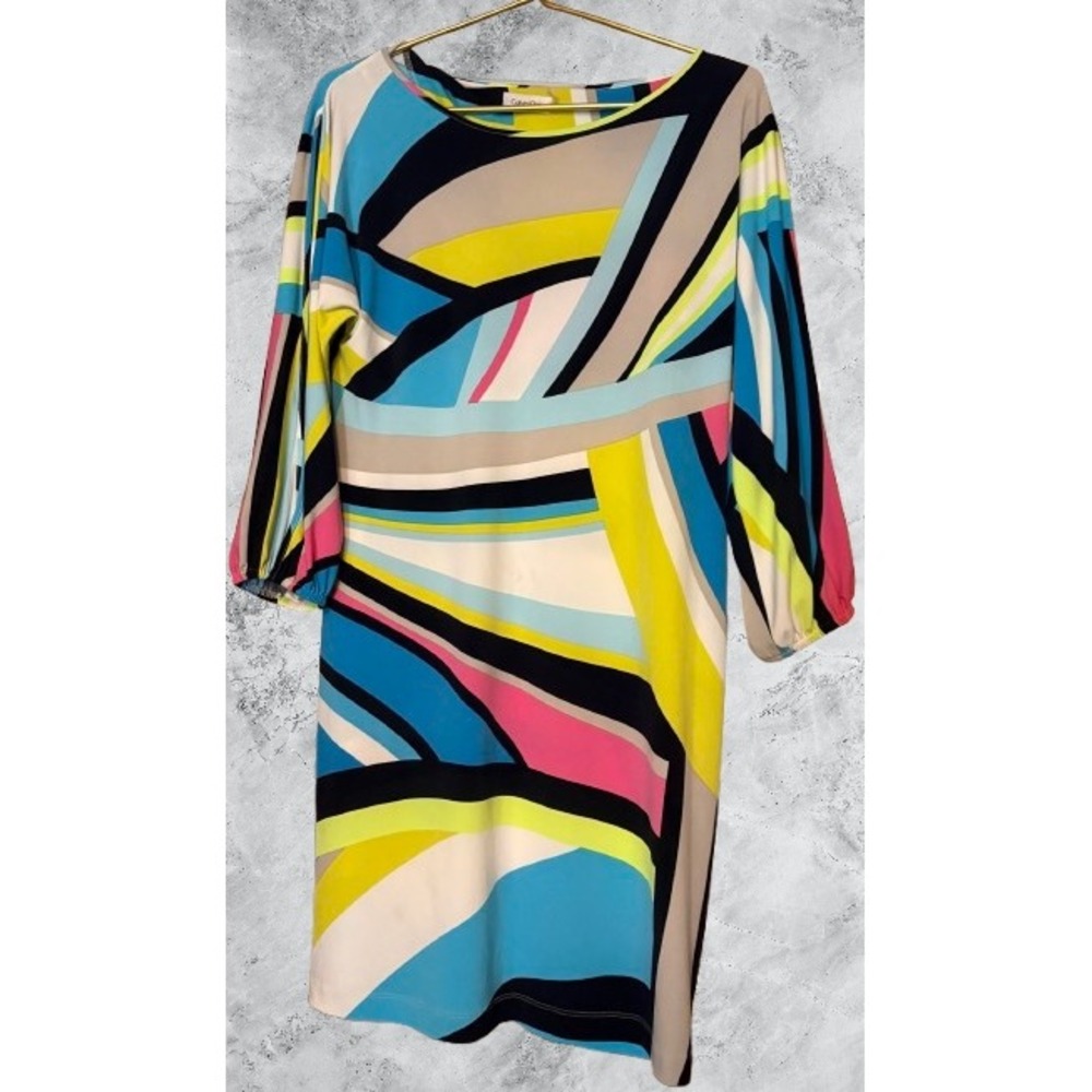 Calvin Klein Women Multi Color Geometric Abstract Cold Shoulder Sheath Dress 6